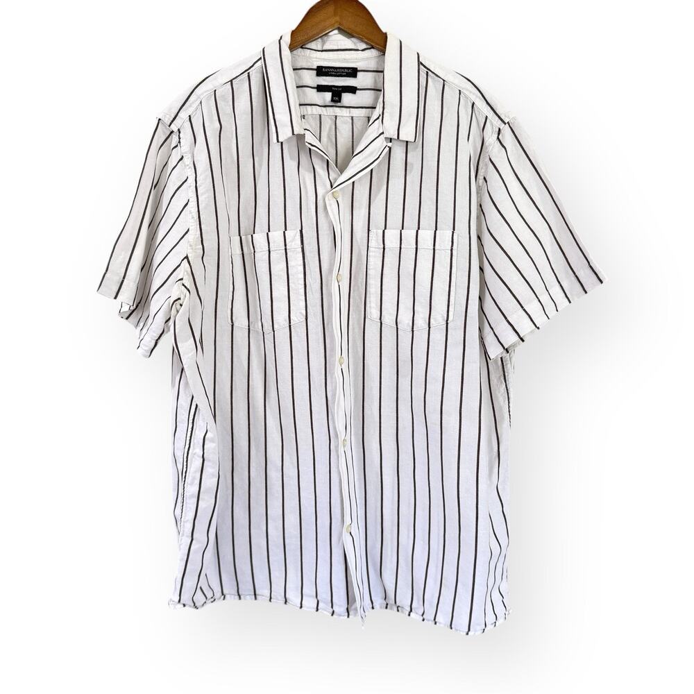 Banana Republic Slim Fit Linen Cotton Shirt Mens XXL Brown Striped Button Up